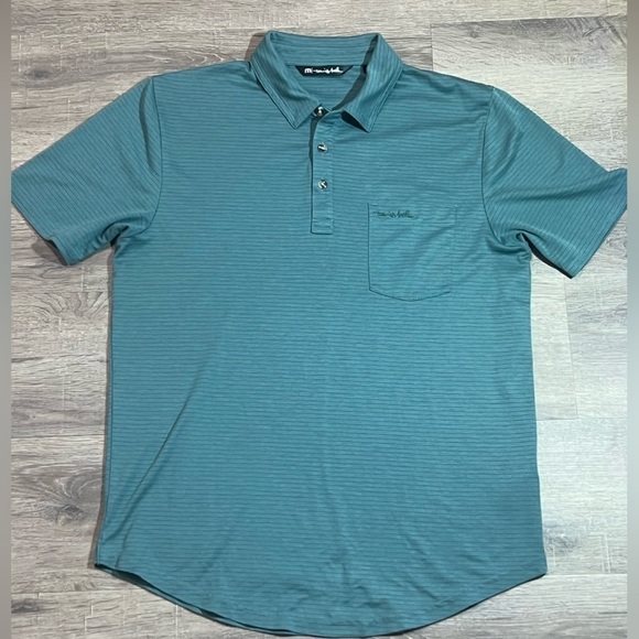 Travis Mathew Medium Knit Stripe Stretch Fitted Polo Shirt Front Pocket - Picture 2 of 9